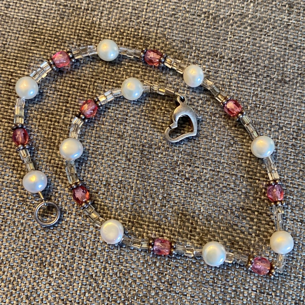 Vtg 925 Silver, Pearl and Pink/White Beaded Anklet or Bracelet (9.5”)